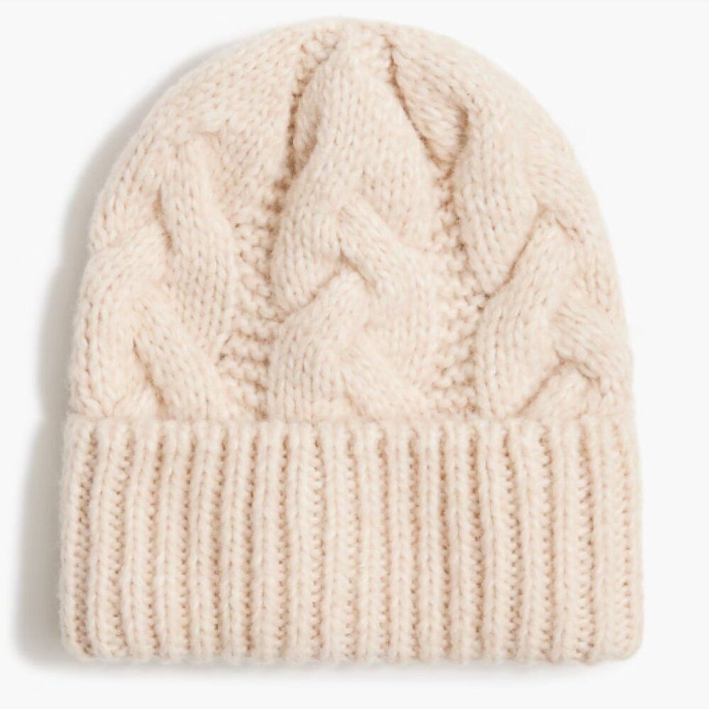 J Crew Women's Cable Knit Beanie Chunky Winter Tan Hat  Ribbed Turnup Hem $49